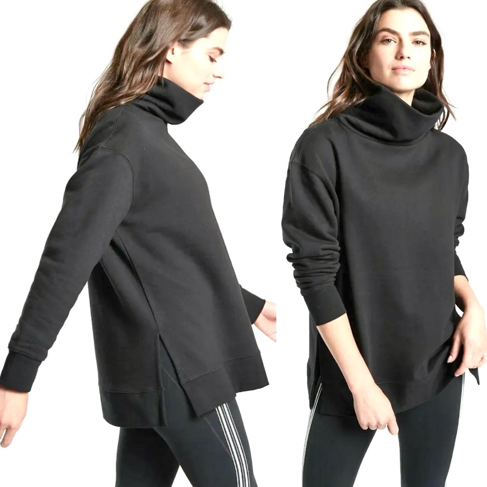 Athleta funnel neck sweatshirt black womens XS 24/7 side slits pullover fleece